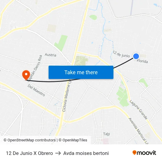 12 De Junio X Obrero to Avda moises bertoni map