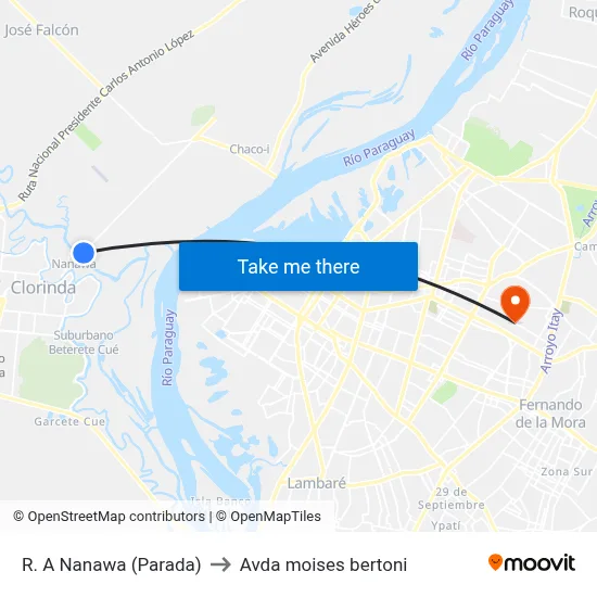 R. A Nanawa (Parada) to Avda moises bertoni map