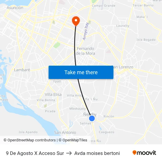 9 De Agosto X Acceso Sur to Avda moises bertoni map