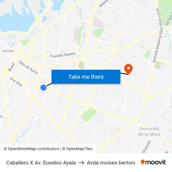 Caballero X Av. Eusebio Ayala to Avda moises bertoni map