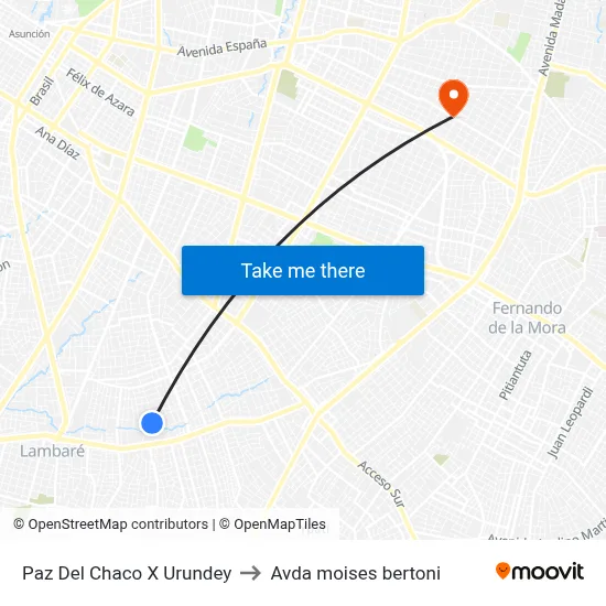 Paz Del Chaco X Urundey to Avda moises bertoni map