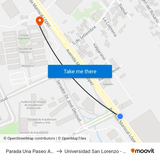 Av. Mariscal López (U.N.A) to Universidad San Lorenzo - UNISAL map
