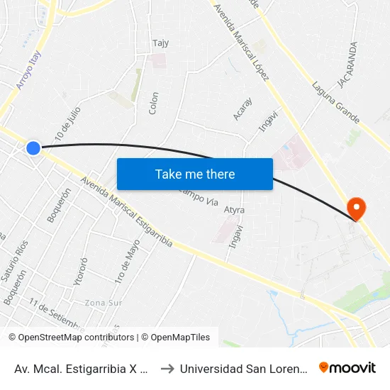 Av. Mcal. Estigarribia X Cap. Montiel to Universidad San Lorenzo - UNISAL map