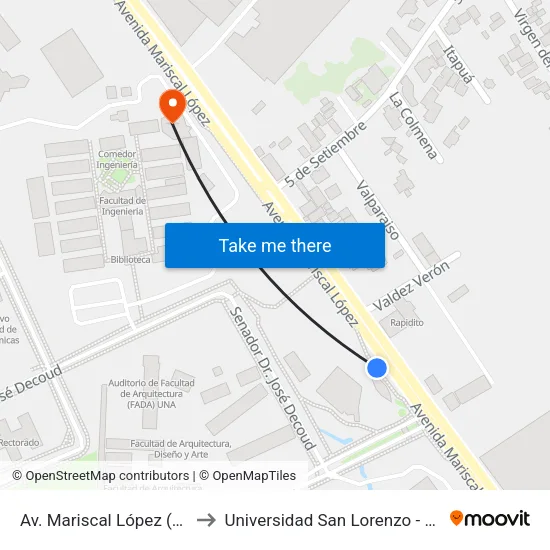 Av. Mariscal López (U.N.A) to Universidad San Lorenzo - UNISAL map