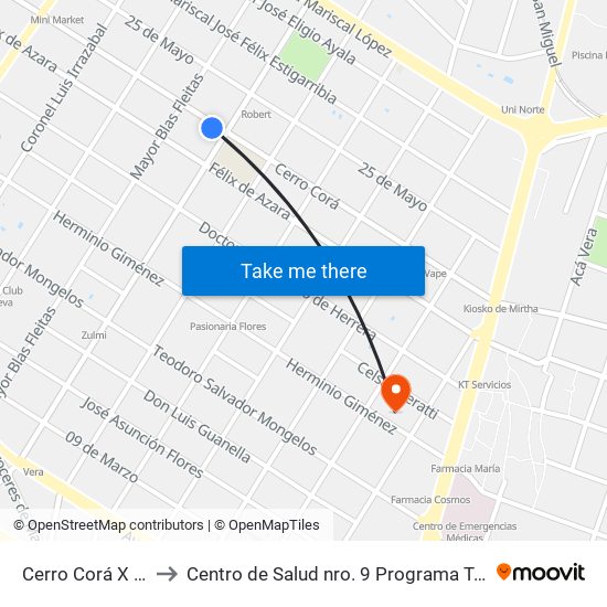 Cerro Corá X Aquino to Centro de Salud nro. 9 Programa Test del Piecito map