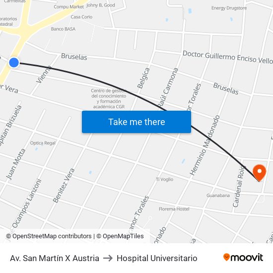 Av. San Martín X Austria to Hospital Universitario map