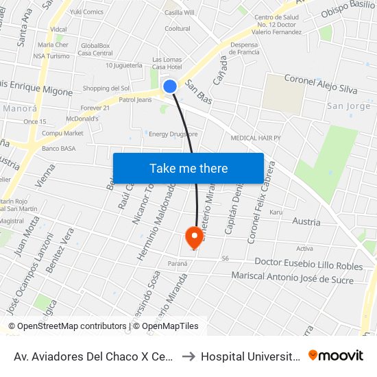 Av. Aviadores Del Chaco X Cervera to Hospital Universitario map