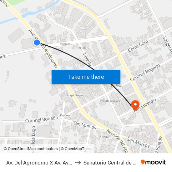 Av. Del Agrónomo X Av. Avelino Martínez to Sanatorio Central de San Lorenzo map