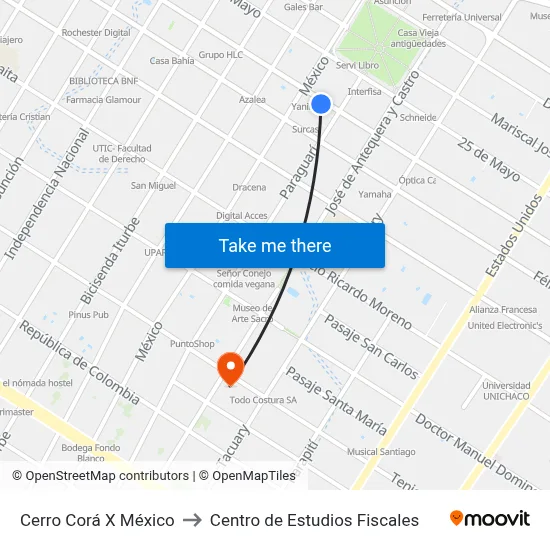 Cerro Corá X México to Centro de Estudios Fiscales map