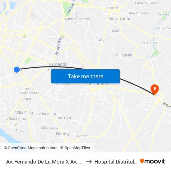 Av. Fernando De La Mora X Av. República Argentina to Hospital Distrital De Capiatá map