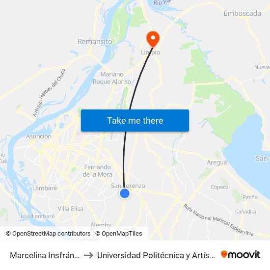 Marcelina Insfrán X Mcal. Estigarribia to Universidad Politécnica y Artística del Paraguay - UPAP - Limpio map