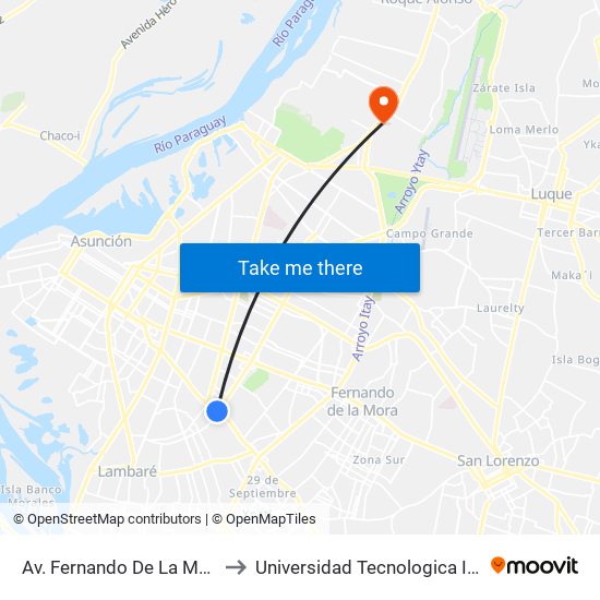 Av. Fernando De La Mora X Av. República Argentina to Universidad Tecnologica Intercontinental - Sede Loma Pytã map