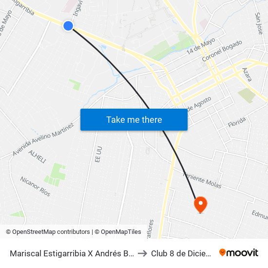 Mariscal Estigarribia X Andrés Barbero to Club 8 de Diciembre map