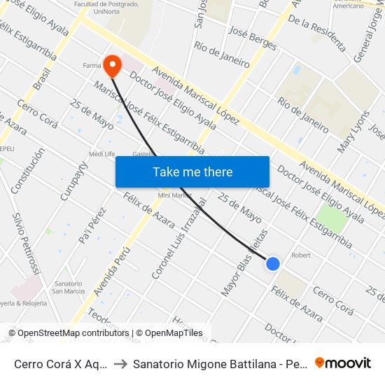 Cerro Corá X Aquino to Sanatorio Migone Battilana - Pediatría map