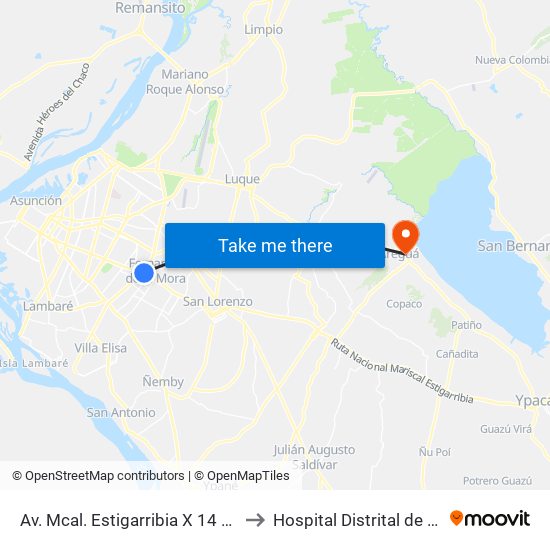 Av. Mcal. Estigarribia X 14 De Mayo to Hospital Distrital de Aregua map