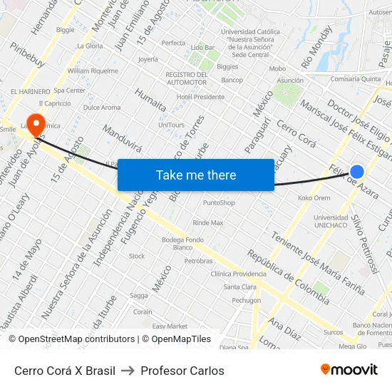 Cerro Corá X Brasil to Profesor Carlos map
