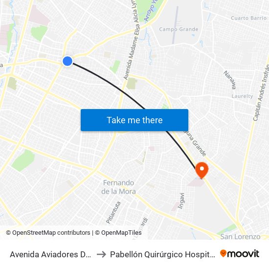 Avenida Aviadores Del Chaco, 1669 to Pabellón Quirúrgico Hospital Materno Infantil map