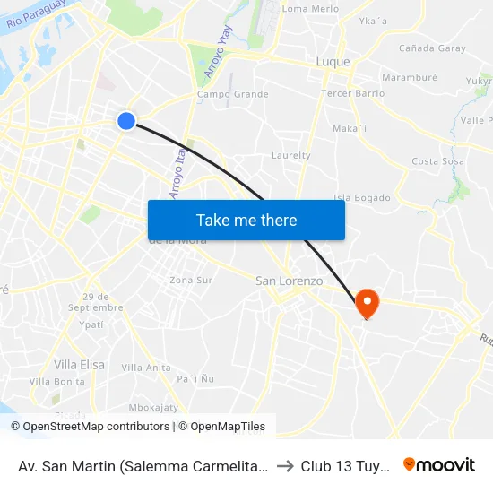 Av. San Martin (Salemma Carmelitas) to Club 13 Tuyuti map