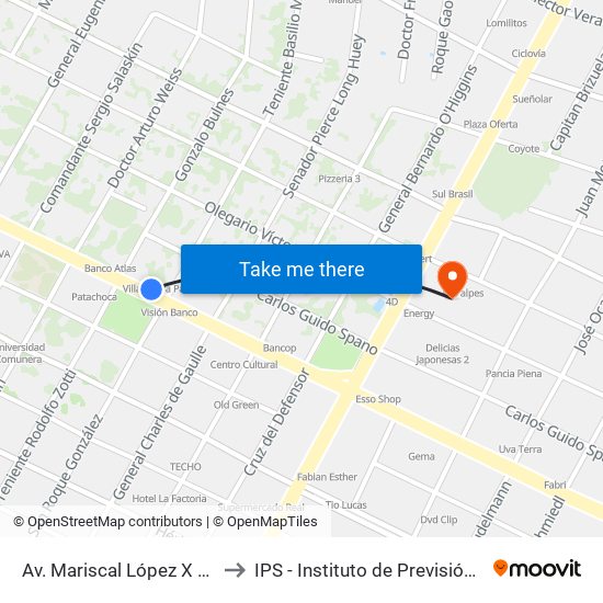 Av. Mariscal López X Bulnes to IPS - Instituto de Previsión Social map