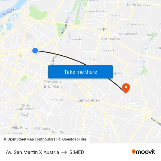 Av. San Martín X Austria to SIMED map