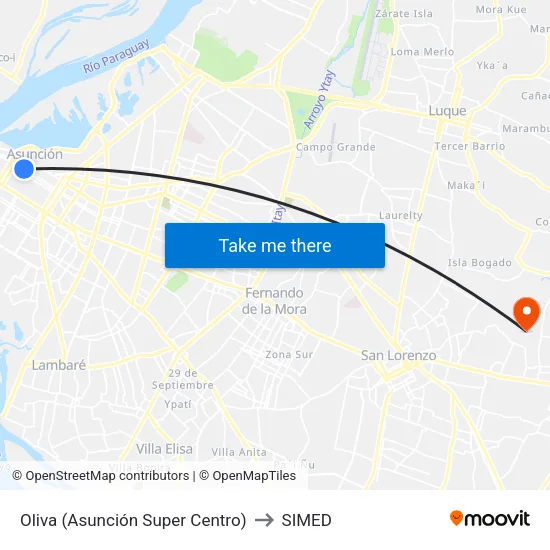 Oliva (Asunción Super Centro) to SIMED map