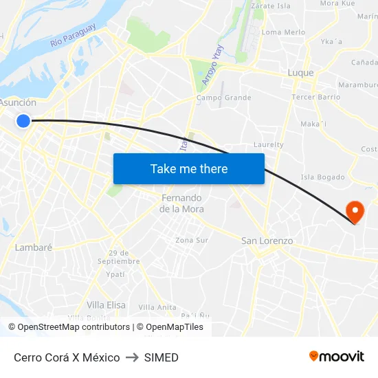 Cerro Corá X México to SIMED map