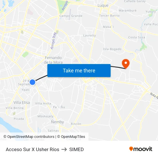 Acceso Sur X Usher Ríos to SIMED map