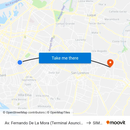 Av. Fernando De La Mora (Terminal Asunción) to SIMED map