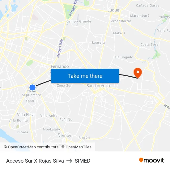 Acceso Sur X Rojas Silva to SIMED map