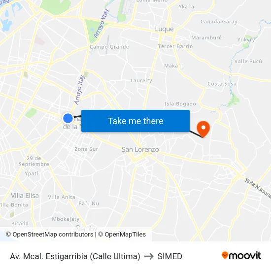 Av. Mcal. Estigarribia (Calle Ultima) to SIMED map