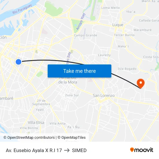 Av. Eusebio Ayala X R.I 17 to SIMED map