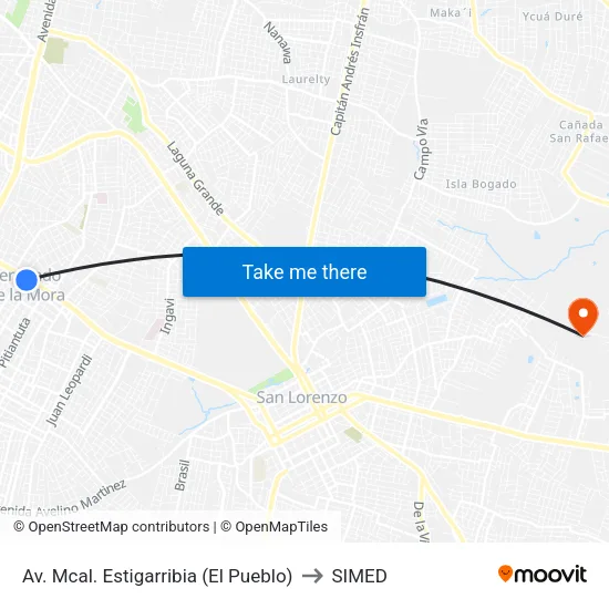 Av. Mcal. Estigarribia (El Pueblo) to SIMED map