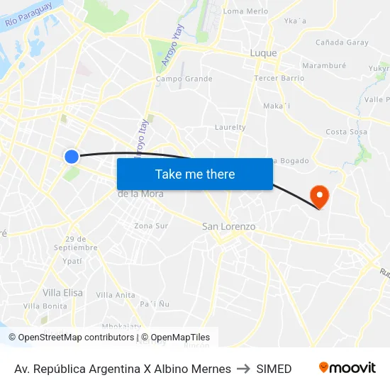 Av. República Argentina X Albino Mernes to SIMED map