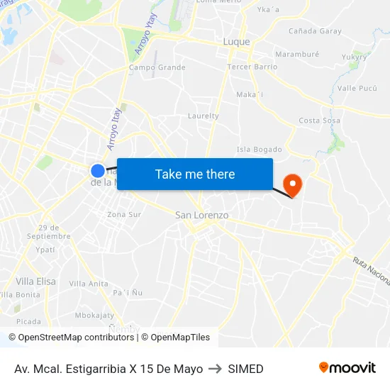 Av. Mcal. Estigarribia X 15 De Mayo to SIMED map