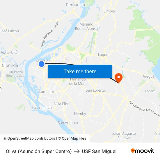 Oliva (Asunción Super Centro) to USF San Miguel map