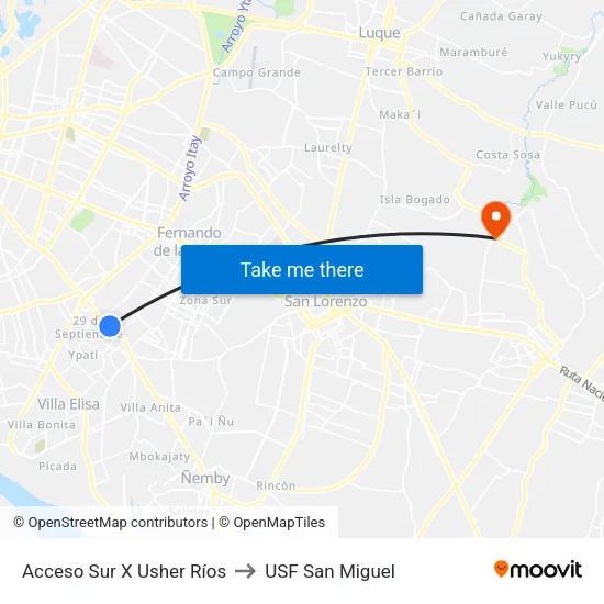 Acceso Sur X Usher Ríos to USF San Miguel map