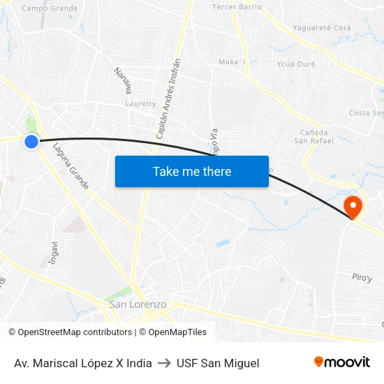 Av. Mariscal López X India to USF San Miguel map