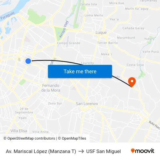 Av. Mariscal López (Manzana T) to USF San Miguel map