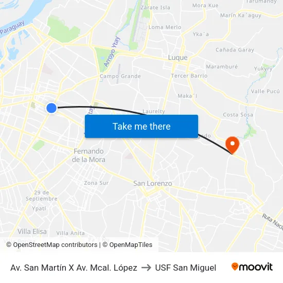 Av. San Martín X Av. Mcal. López to USF San Miguel map