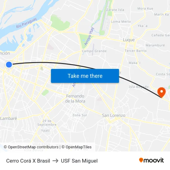Cerro Corá X Brasil to USF San Miguel map
