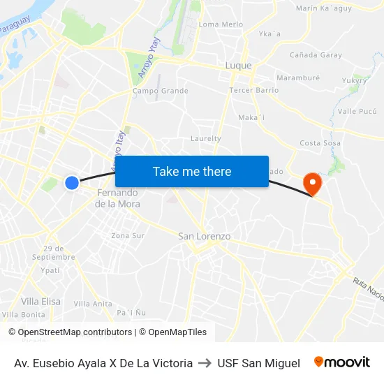 Av. Eusebio Ayala X De La Victoria to USF San Miguel map