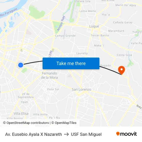 Av. Eusebio Ayala X Nazareth to USF San Miguel map