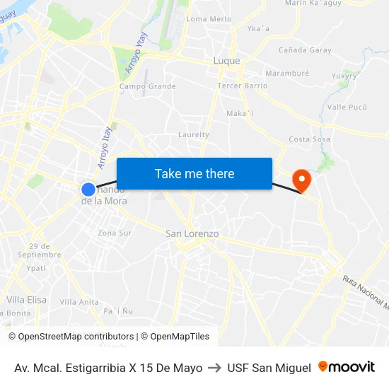 Av. Mcal. Estigarribia X 15 De Mayo to USF San Miguel map