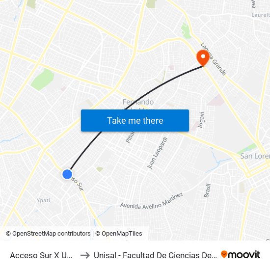 Acceso Sur X Usher Ríos to Unisal - Facultad De Ciencias De La Educacion map