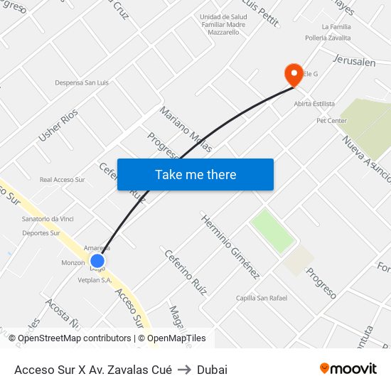 Acceso Sur X Av. Zavalas Cué to Dubai map