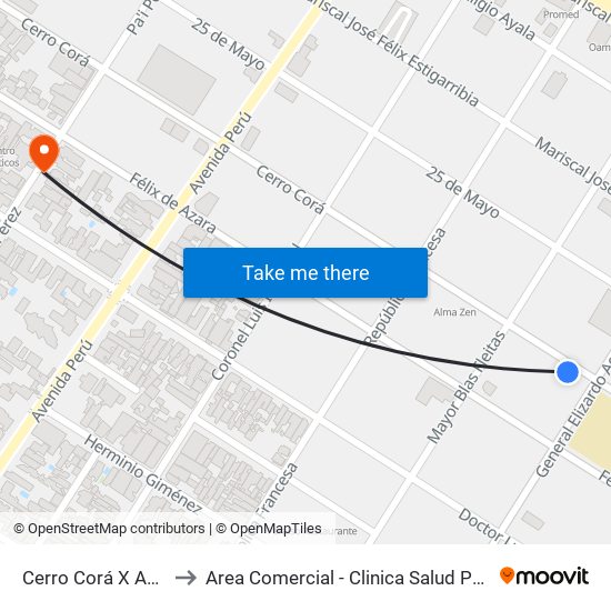 Cerro Corá X Aquino to Area Comercial - Clinica Salud Protegida map