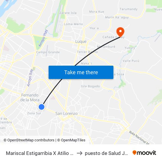 Mariscal Estigarribia X Atilio Galfre to puesto de Salud Jukyry map