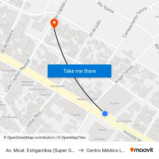 Av. Mcal. Estigarribia (Super Guaraní) to Centro Médico  La Paz map