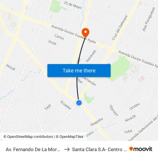 Av. Fernando De La Mora X Av. Argentina to Santa Clara S.A- Centro Médico Privado map