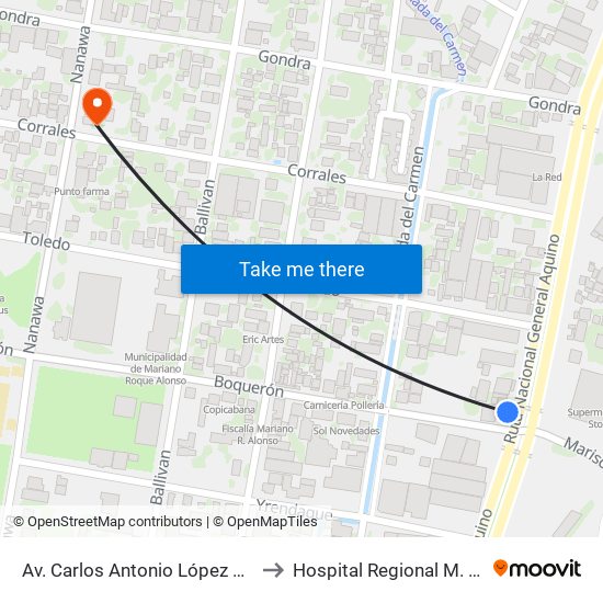 Av. Carlos Antonio López X Boquerón to Hospital Regional M. R. Alonso map